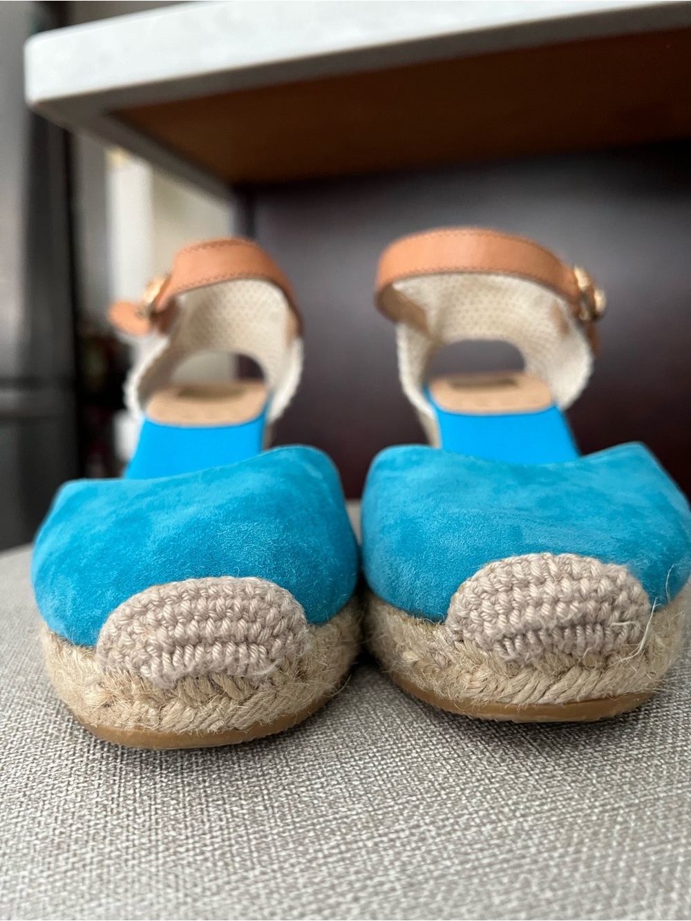 Kanna Teal Espadrille Wedge Sandals with Tan Ankle Strap size 36 - Picture 3 of 11